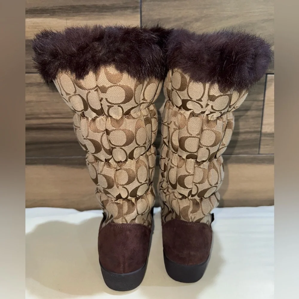Coach Theona Y2K Signature Monogram Jacquard Rabbit Fur Brown Women’s Boots 8.5